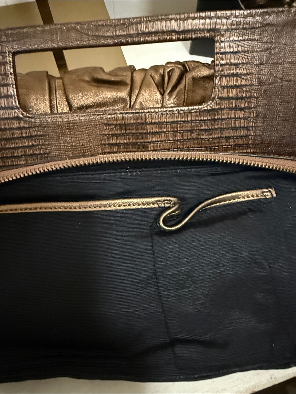 BCBGMAX Azria Bronze Metallic Pleated Wristlet Clutch with Gold Accents - Picture 3 of 11